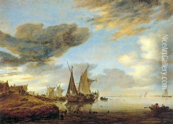 Sailing Boats near a Village Oil Painting - Salomon van Ruysdael