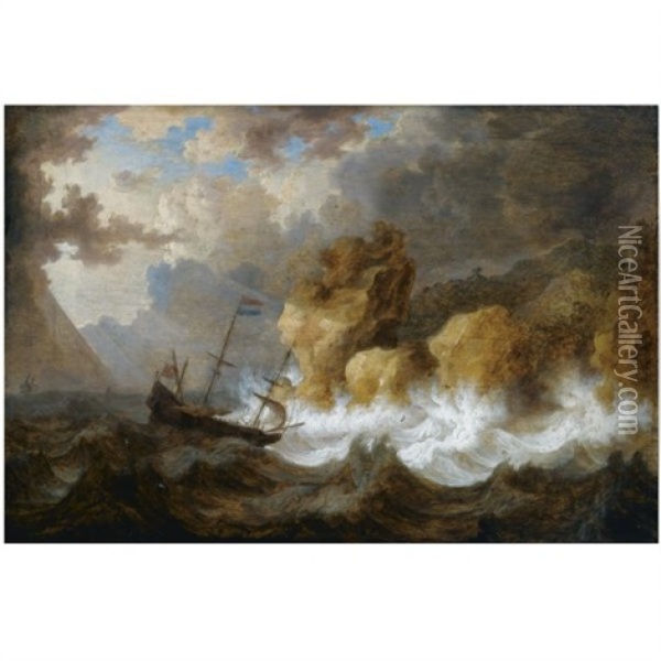 A Dutch Ship In A Heavy Storm Near A Rocky Coast Oil Painting - Bonaventura Peeters the Elder