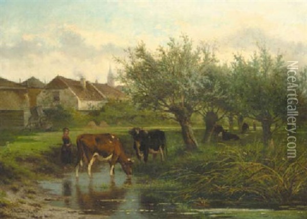 A Cowherdess Watering Cows By Willow Trees Oil Painting - Jan Volyk