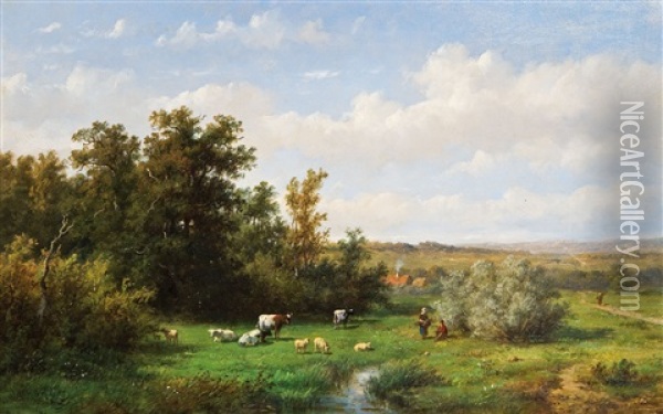 Hollandische Landschaft Im Sommer Mit Kuhen Und Schafen An Einem Kleinen Bachlauf Oil Painting - Anthonie Jacobus van Wijngaerdt