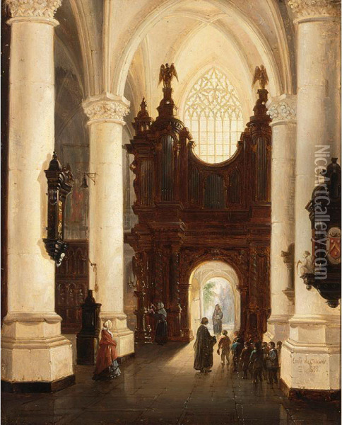 Children Leaving A Church After The Mass Oil Painting - Emile Pierre J. De Cauwer