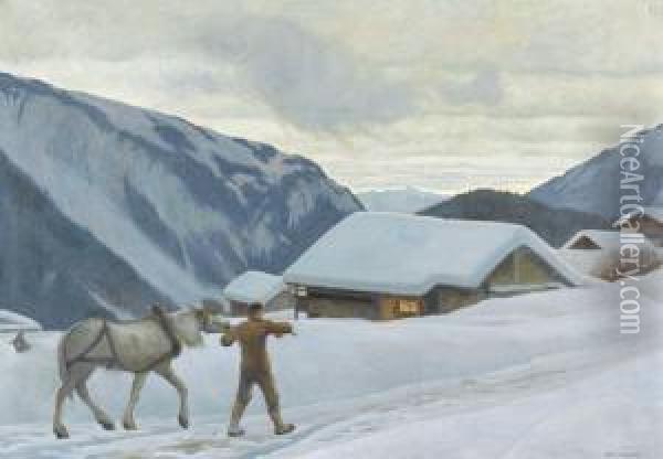 Winterlicher Sonnenaufgang Mit Bauer Und Pferd Im Gebirge Oil Painting - Hans Widmer