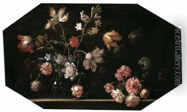 A Still Life Of Flowers Including Tulips, Stephanosis, And  Carnations In A Glass Vase Upon A Stone Ledge With A Posy Oil Painting - Giacomo Recco