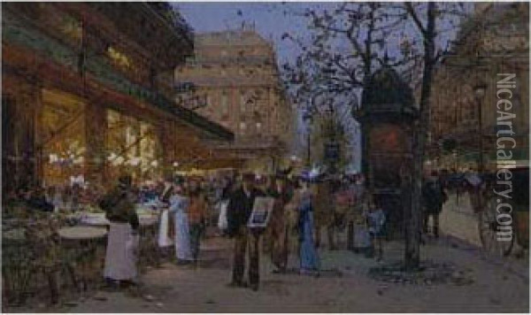 Cafe De La Paix, Paris Oil Painting - Eugene Galien-Laloue