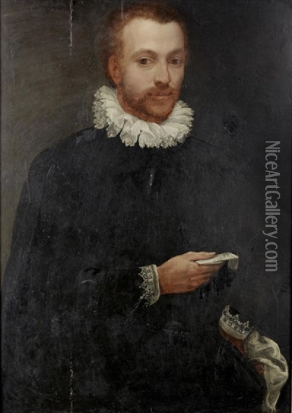 Portrait Of A Gentleman, Three-quarter-length, In A Black Coat Holding A Letter Oil Painting - Alessandro di Cristofano Allori