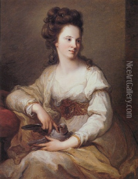 Portrait Of A Lady In A White Dress, Holding A Dove Oil Painting - Angelika Kauffmann