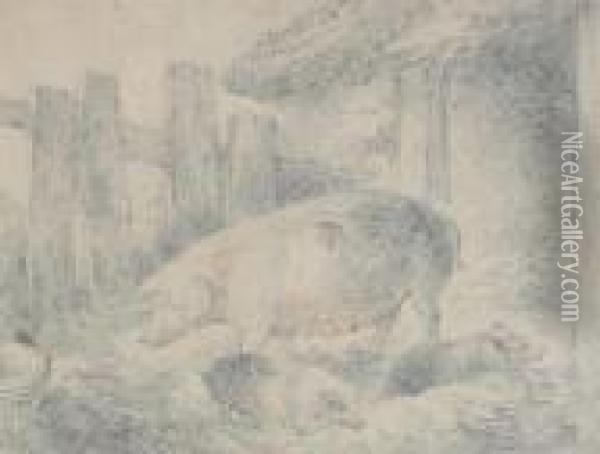 A Sow And Two Piglets Oil Painting - George Morland