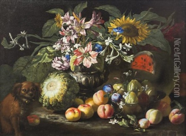 Nature Morte (still Life With Fruit And Dog) Oil Painting - Abraham Brueghel