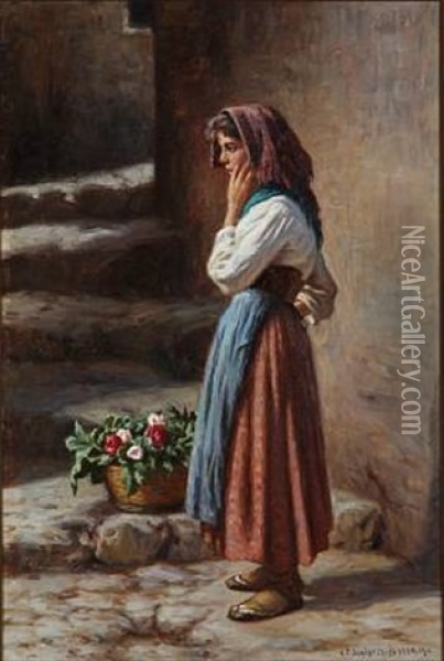 An Italian Woman With A Flower Basket Oil Painting - Niels Frederik Schiottz-Jensen