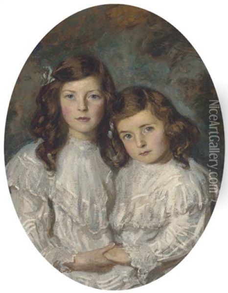 Double Portrait Of Two Sisters, Half-length, In White Dresses Oil Painting - Daniel Albert Wehrschmidt