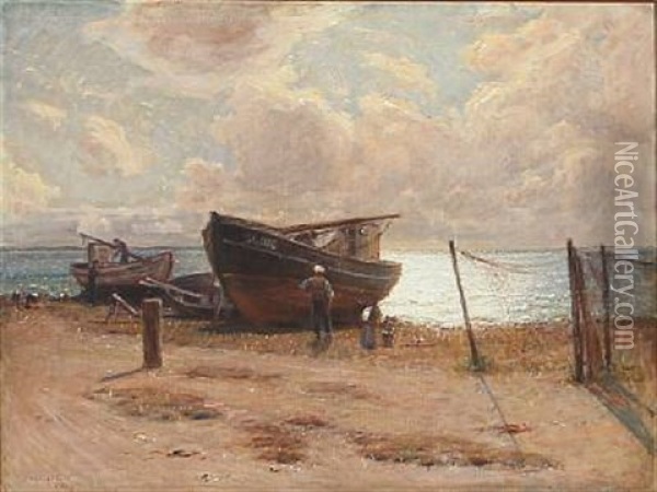 Coastal Scene With Boats On The Beach In Sunlight Oil Painting - Hugo Valdemar Larsen
