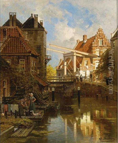 A View Of A Dutch Town With Figures Near A Draw Bridge Oil Painting - Johannes Christiaan Karel Klinkenberg