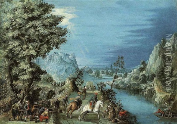 A River Landscape With Travellers Ambushed By Bandits Oil Painting - Pieter Stevens