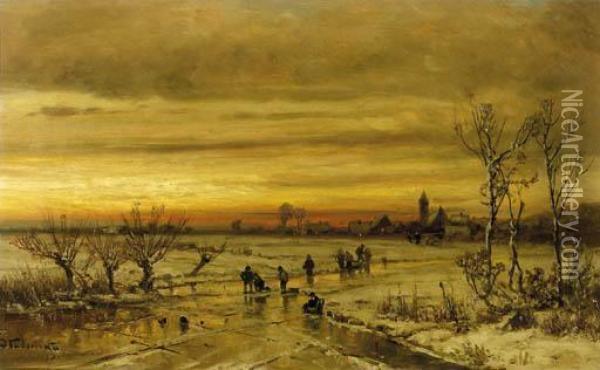 A Village In Winter At Dusk, With Skaters In The Foreground Oil Painting - Adolf Stademann