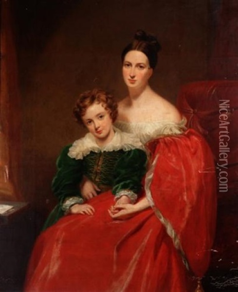 Portrait Of Robert Lawrence Pemberton Of Bainbridge House With His Mother Oil Painting - George Hayter