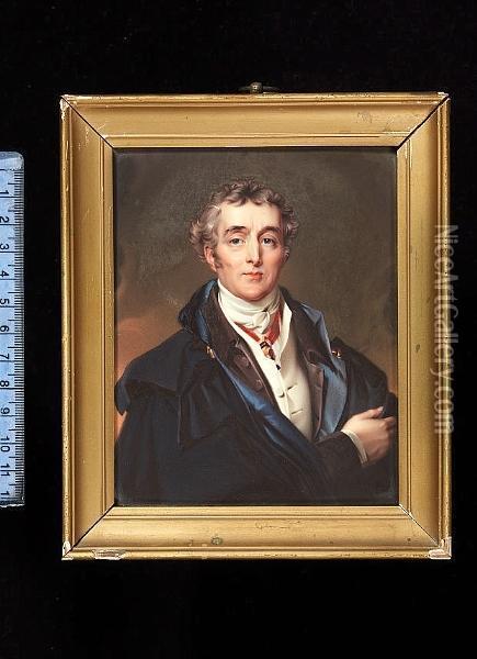 Arthur Wellesley, 1st Duke Of Wellington(1769-1852), Wearing Brown Coat, White Waistcoat, Tied Cravat,blue-lined Black Cloak With Gold Clasps, Red Ribbon And Badge Ofthe Order Of The Golden Fleece About His Neck. Oil Painting - Henry Pierce Bone