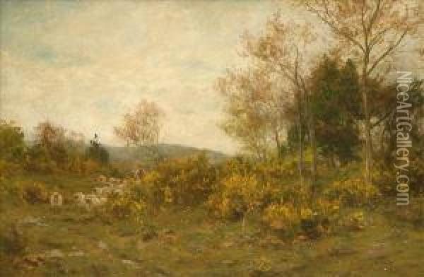 Moving Pasture,shepherd And Flock On A Wooded Hillside With Flowering Gorse Oil Painting - James Aumonier