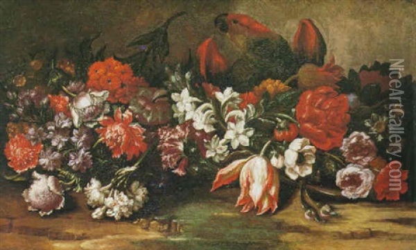 Bodegon De Flores Con Loro Oil Painting - Mario Nuzzi
