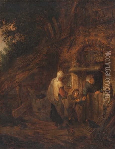 Begger At An Open Door Of A Farmhouse Oil Painting - Adriaen Jansz van Ostade