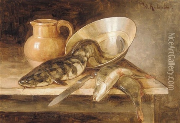 Still Life With Fish Oil Painting - Yuliy Yulevich Klever the Younger