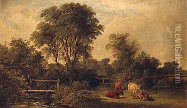 A Wooded River Landscape, With A Gentleman On A Footbridge And Cattle In The Foreground Oil Painting - John F Tennant