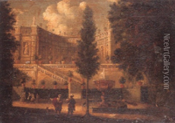 A Palace With Figures Walking In An Ornamental Garden Oil Painting - Isaac de Moucheron