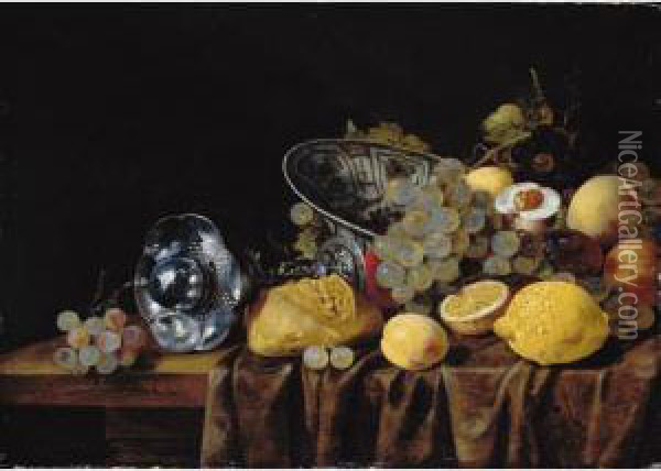 A Still Life Of Lemons, Grapes 
And Peaches, With A Bread Roll And A Silver Pokal On A Partly Draped 
Table Oil Painting - Carstiaen Luyckx