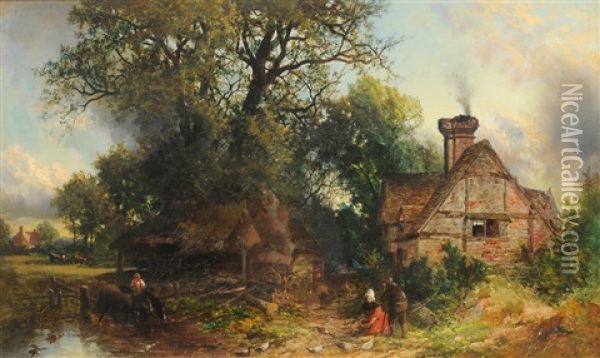 Figures Feeding Chickens Beside A Cottage Oil Painting - William S. Rose