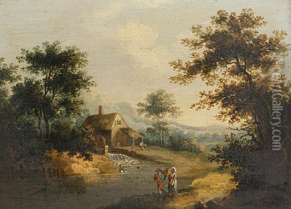 Figures By A Watermill Oil Painting - Patrick, Peter Nasmyth
