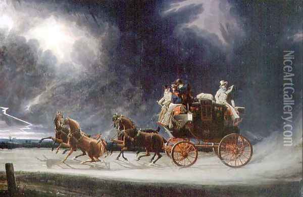 The Norwich Mail Coach in a Thunderstorm on Newmarket Heath Oil Painting - James Pollard