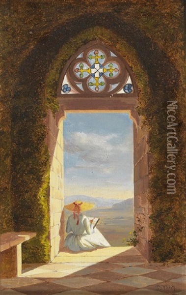A View Of Ortenberg Castle With Olga Von Moltke Drawing A Landscape Oil Painting - Alexandra van Berckholtz