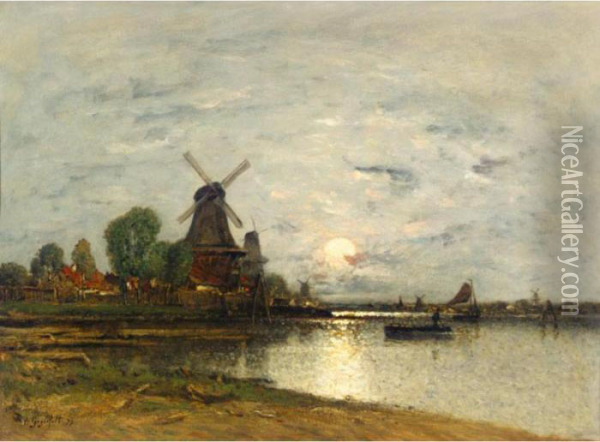 Dutch Landscape With Windmills Oil Painting - Wilhelm von Gegerfelt