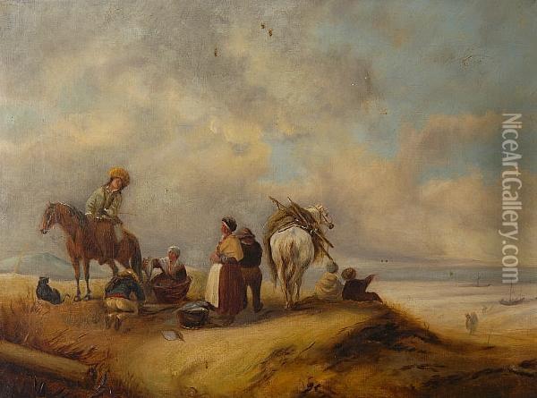 A View Of A Seashore With Fishwives Offering Fish To Traders Oil Painting - Jan Wouwerman