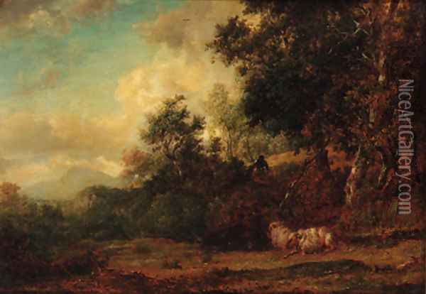 A shepherd and sheep in a wooded landscape Oil Painting - Patrick Nasmyth