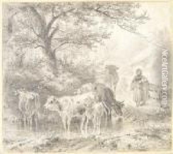 Hirtin Mit Ihrem Vieh An Einem Bachlauf, Kalbchen Trankende Hirtin, Stallinterieur Oil Painting - Friedrich Johann Voltz