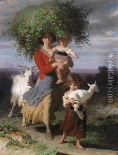 Mother Returning Home With Children Oil Painting - Jacques Alfred Van Muyden