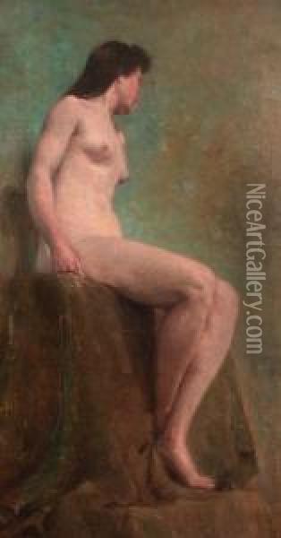 Study Of A Seated Female Nude Oil Painting - Rene Bosiers