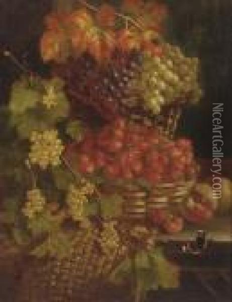 Grapes, Strawberries, 
Whitecurrants, Peaches, And A Red Admiral Butterfly, On A Wooden Ledge Oil Painting - William Hughes