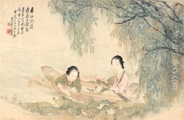 Picking Lotus Oil Painting -  Sha Fu