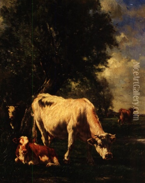 Weidendes Vieh Unter Baumgruppe Oil Painting - Marie Dieterle