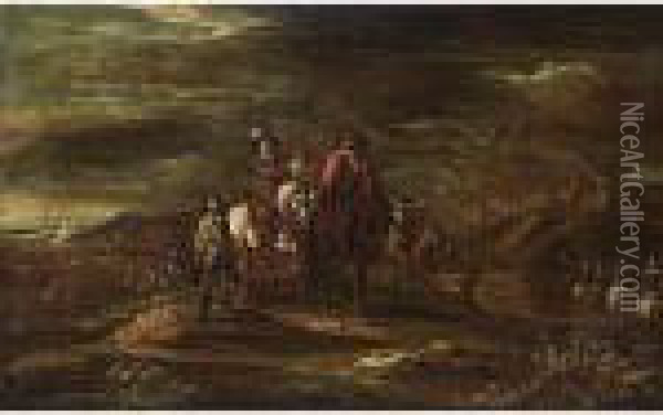 Horsemen In A Landscape Oil Painting - Jacques Courtois Le Bourguignon