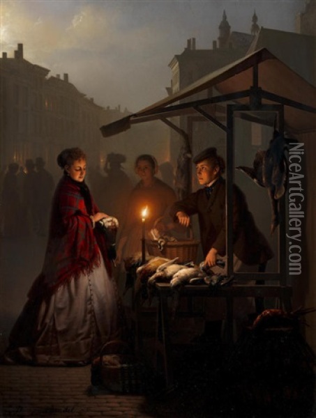 At The Poultry Stall On The Groenmarkt, The Hague Oil Painting - Petrus van Schendel