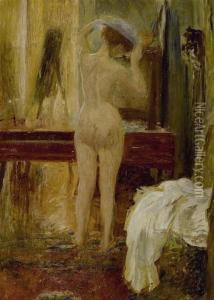 Female Nude Wearing A Hat. Oil Painting - Otto Vautier