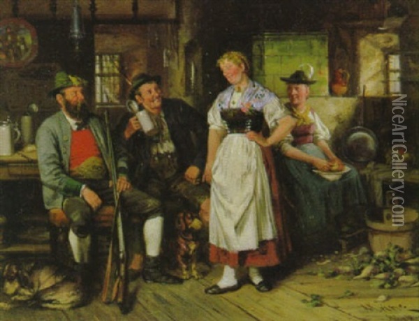 Oberbayerische Bauernkuche Mit Zwei Bauerinnen In Frohlichem Gesprach Mit Den Jagern Oil Painting - Johann Adalbert Heine