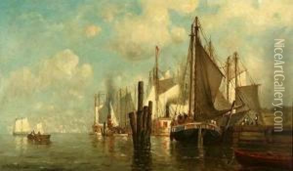 Boats In Harbor Oil Painting - Walter Franklin Lansil