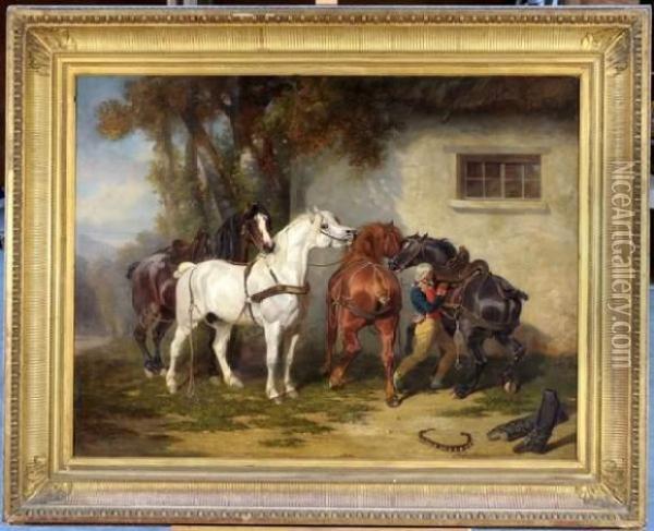 Homme Sellant Son Cheval Oil Painting - Jules De Bonnemaison