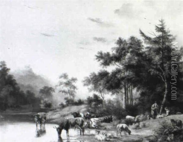 Herds With Sheep And Watering Cows Oil Painting - Pieter Gerardus Van Os
