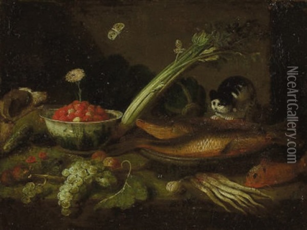 Kitchen Scene With Fish, Vegetables, Fruit And Animals Oil Painting - Jan van Kessel the Elder
