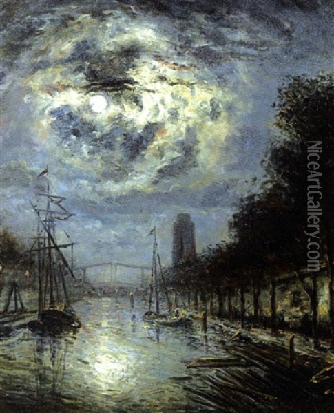 Clair De Lune En Hollande, Dordrecht Oil Painting - Johan Barthold Jongkind