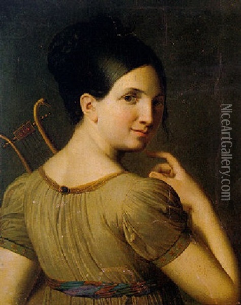 Young Girl Holding A Lyre Oil Painting - Joseph Francois Ducq